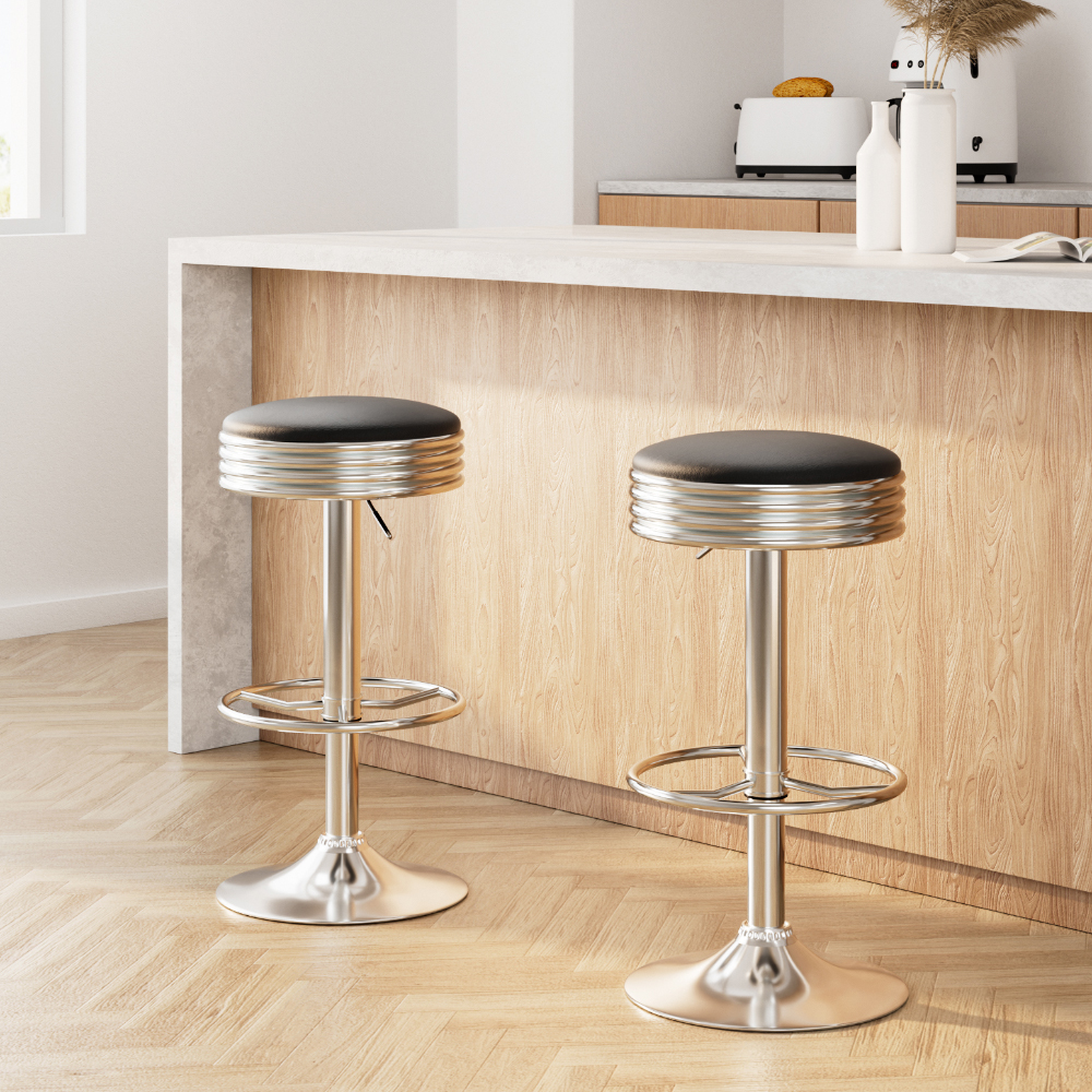 Anton Set of 2 Backless PU Leather Bar Stools - Black and Chrome