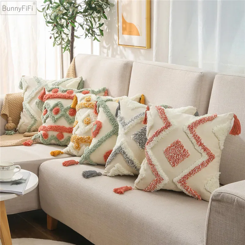Zelia Embroidered Cushion Cover Tassels Home Decor Pillow Cover.  45x45cm Geometric