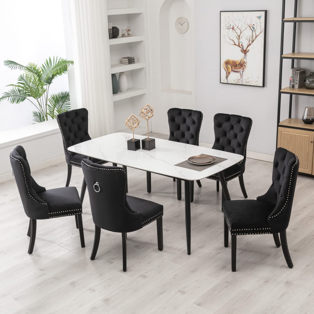 French Provincial 6x Black Velvet Dining Chairs