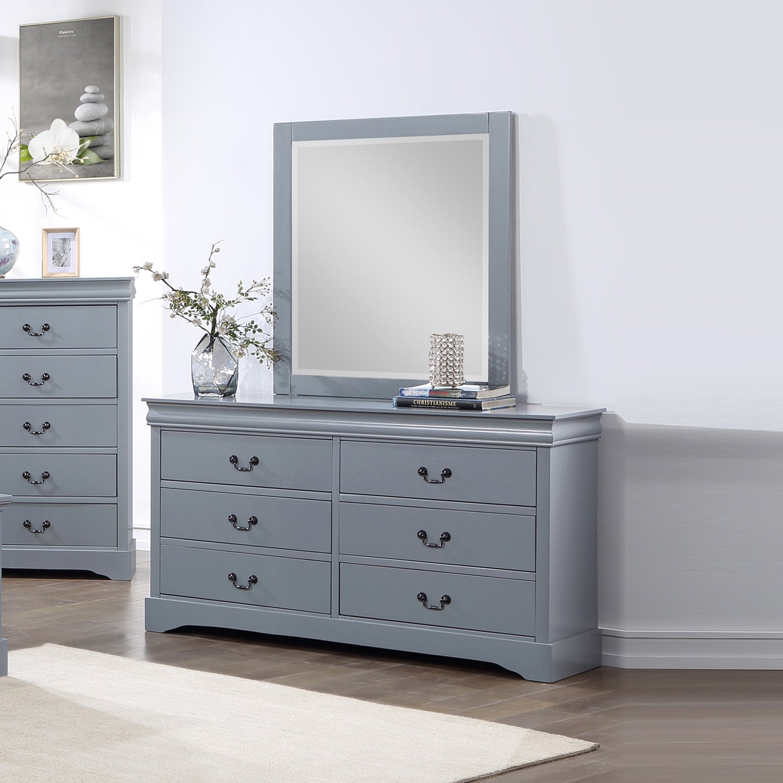 Spencer. Dresser with 6 Storage Drawers. Mirror. Metal Handles. Grey Colour.