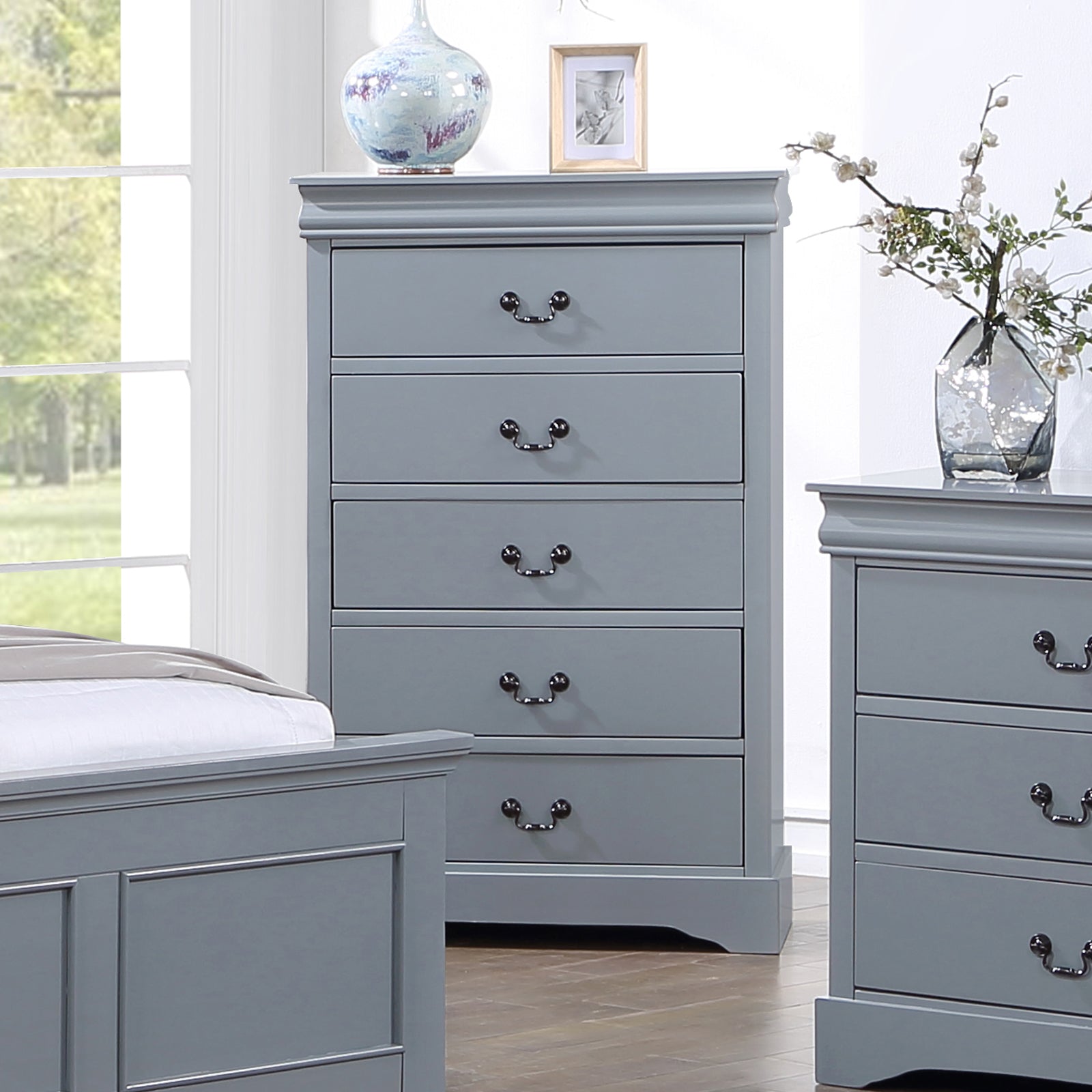 Spencer Tallboy with 5 Storage Drawers. Metal Handles. Grey Colour